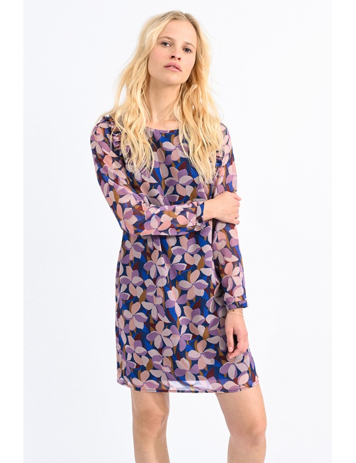 Printed mini dress with ruffled shoulders