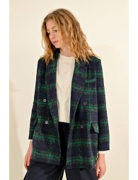 Checked wool-blend coat