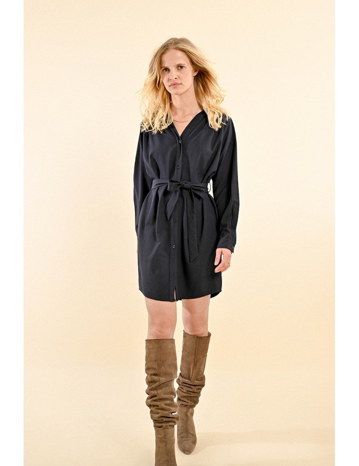 Shirt dress with tie belt