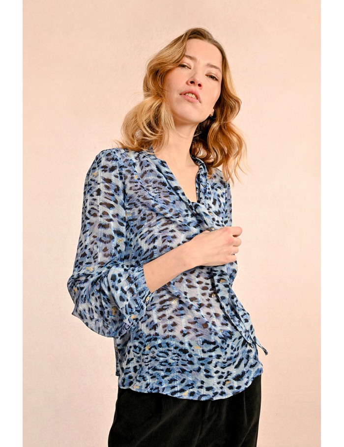 Leopard blouse with pussy-bow collar