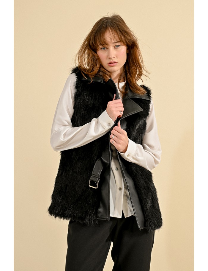 Black faux fur sleeveless jacket best sale