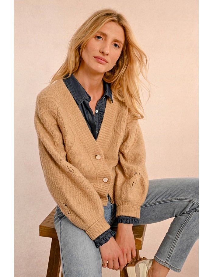 V-neck cardigan, pointelle knit