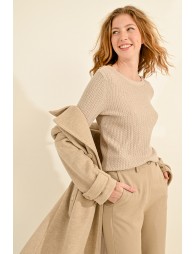 Cable-knit sweater, buttoned shoulder tab