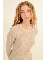 Cable-knit sweater, buttoned shoulder tab