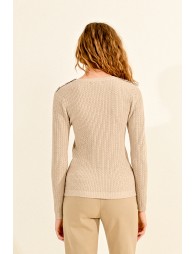 Cable-knit sweater, buttoned shoulder tab