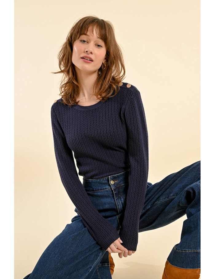 Cable-knit sweater, buttoned shoulder tab