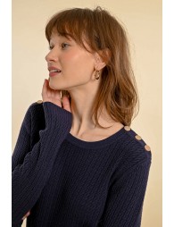 Cable-knit sweater, buttoned shoulder tab