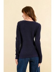 Cable-knit sweater, buttoned shoulder tab