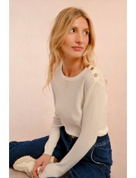 Cable-knit sweater, buttoned shoulder tab