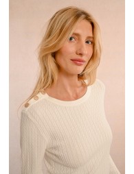 Cable-knit sweater, buttoned shoulder tab