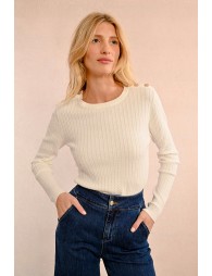 Cable-knit sweater, buttoned shoulder tab