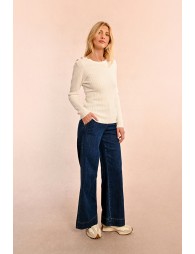 Cable-knit sweater, buttoned shoulder tab