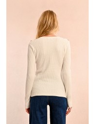 Cable-knit sweater, buttoned shoulder tab