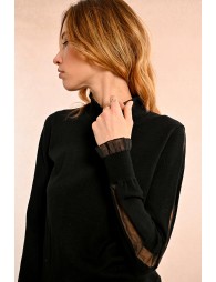 c sweater with high collar trimmed with ribbon