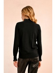 c sweater with high collar trimmed with ribbon