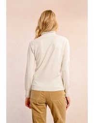 c sweater with high collar trimmed with ribbon