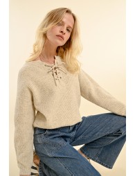 Soft knit sweater with tie collar