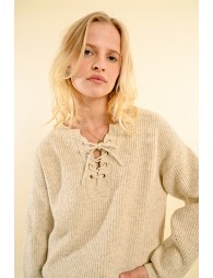 Soft knit sweater with tie collar