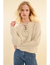 Soft knit sweater with tie collar