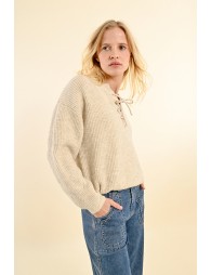 Soft knit sweater with tie collar