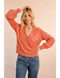 Pointelle knit wrapover effect sweater