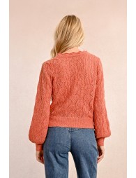 Pointelle knit wrapover effect sweater