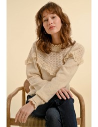 Ruffled pointelle knit sweater