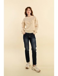 Ruffled pointelle knit sweater