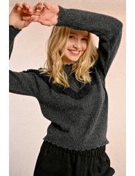 Ruffled pointelle knit sweater