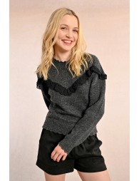 Ruffled pointelle knit sweater