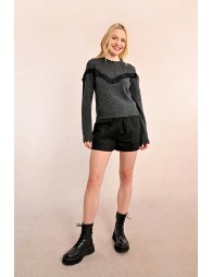 Ruffled pointelle knit sweater