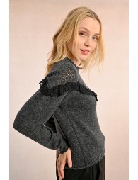 Ruffled pointelle knit sweater