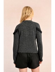 Ruffled pointelle knit sweater