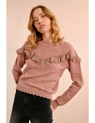 Ruffled pointelle knit sweater