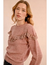 Ruffled pointelle knit sweater