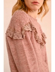 Ruffled pointelle knit sweater