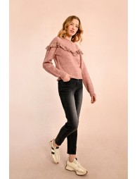 Ruffled pointelle knit sweater