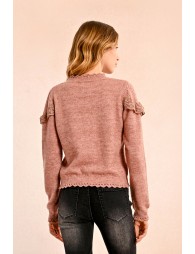 Ruffled pointelle knit sweater