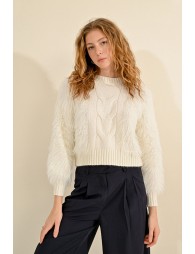 Cable-knit sweater with textured sleeves