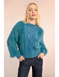 Cable-knit sweater with textured sleeves