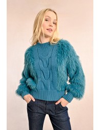 Cable-knit sweater with textured sleeves