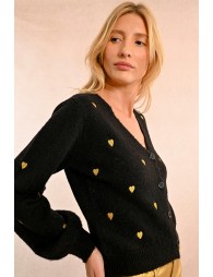 Short V-neck cardigan, heart pattern