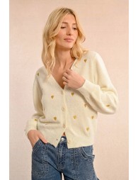 Short V-neck cardigan, heart pattern