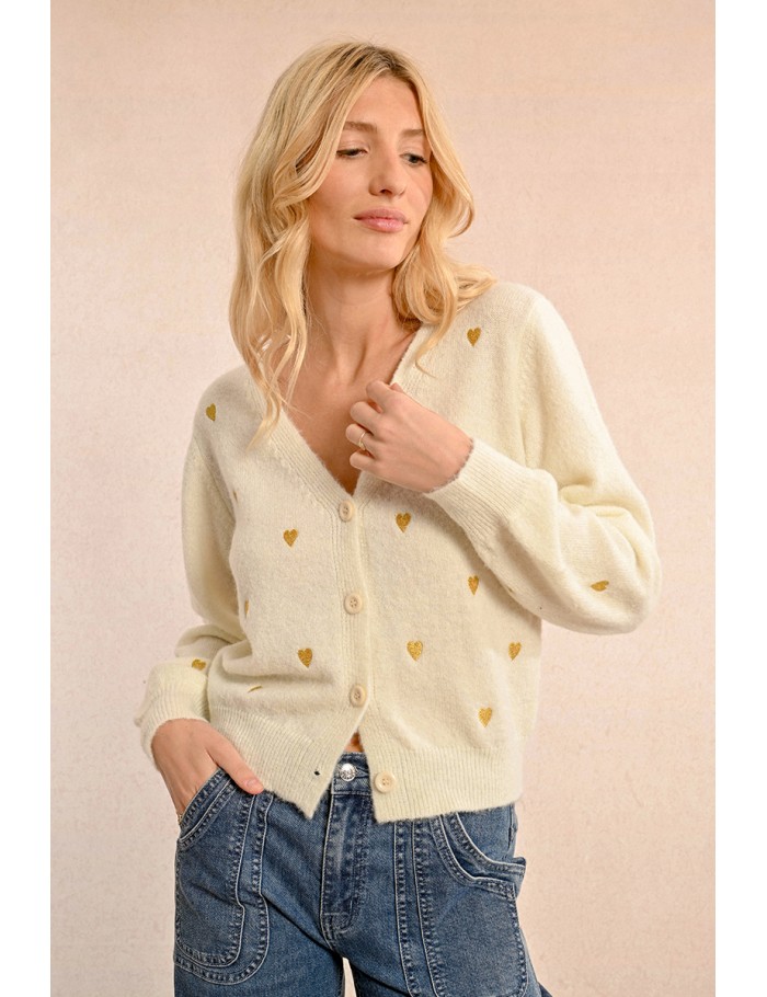 Short V-neck cardigan, heart pattern