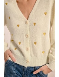 Short V-neck cardigan, heart pattern