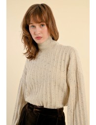 Sweater with high collar and puffed sleeves