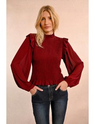 Blouse volanté  au buste à smockes