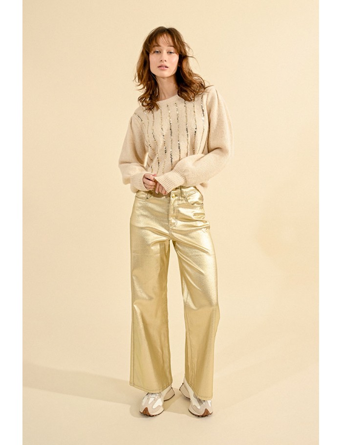 Coated pants, wide with high waist