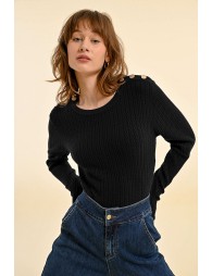 Cable-knit sweater, buttoned shoulder tab