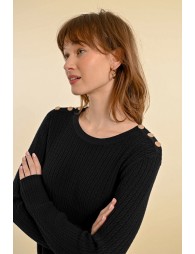 Cable-knit sweater, buttoned shoulder tab